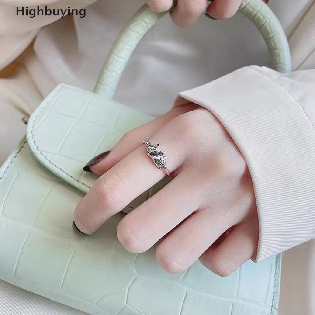 Hbid S925 Perak Fashion Kucing Lucu Pembukaan Adjustable Jari Cincin Untuk Wanita Pesta Pernikahan Halus Minimalis Valene Day Anniversary Kitty Perhiasan Glory