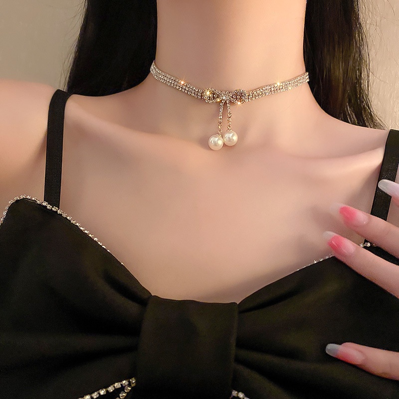 Zirkon Busur Kalung Untuk Wanita Mewah Mutiara Liontin Choker Emas Rantai Aksesoris Perhiasan