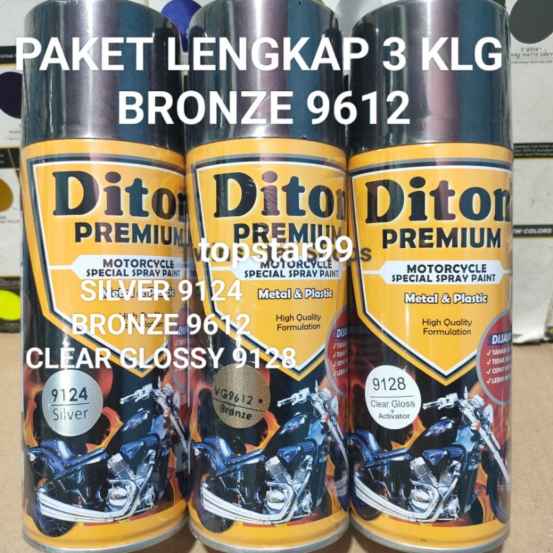 Diton Premium Paket Lengkap 3 Kaleng 400cc Perunggu Bronze 9612 Silver 9124 Clear Glossy 9128 Pilox Pilok Cat Semprot Spray Paint