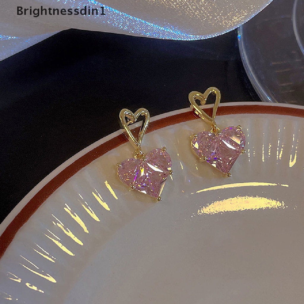 [Brightnessdin1] Elegan Halus Merah Muda Cinta Zirkon Klavikula Kalung Telinga Studs Wanita Anting Perhiasan Pesta Hadiah Butik