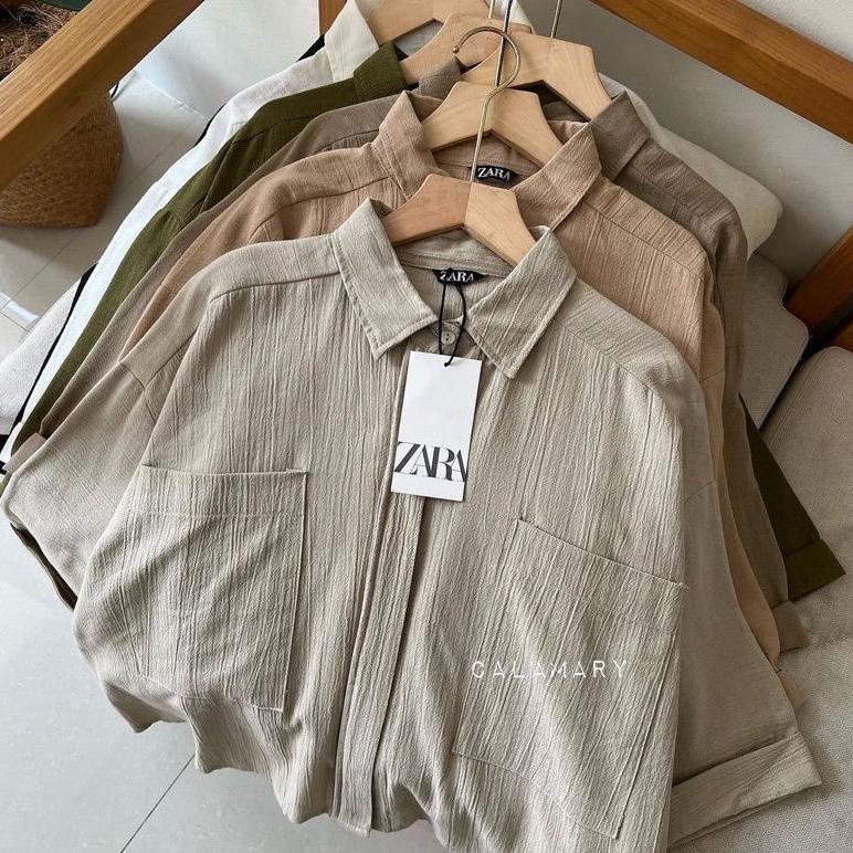 TERLARIS Zavila Shirt Rayon Crinkle - Kemeja Jumbo Saku 2 - Cozie Top Kemeja Linen - Blouse Wanita K