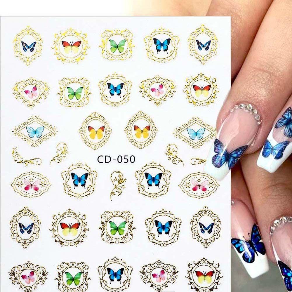 Needway Bunga Stiker Kuku Retro Perekat Diri Kupu-Kupu Bulan Bingkai Gambar Nail Art Dekorasi