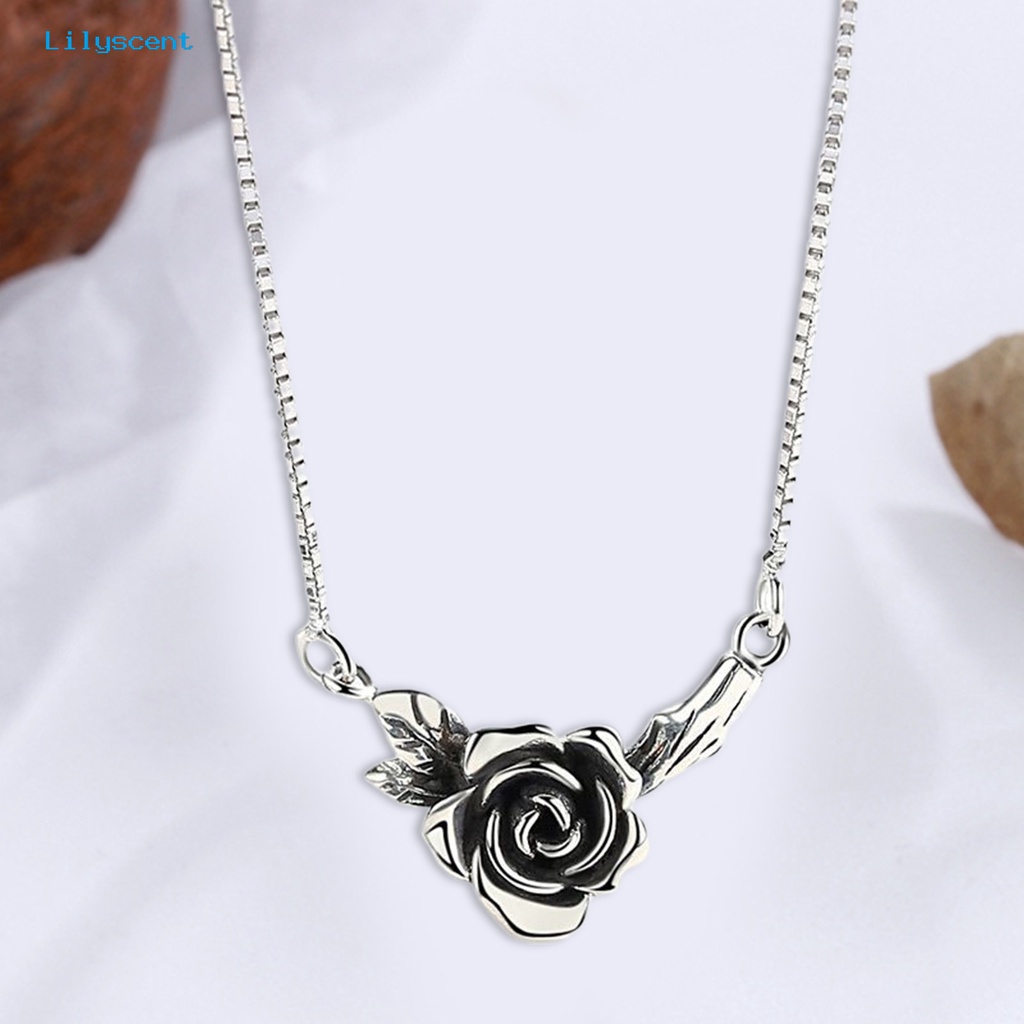 [LS] Wanita Kalung Vintage Bunga Hitam Rose Stainless Desain Lama Leher Dekorasi Warna Perak Tepi Halus Rose Liontin Kalung Pesta Perhiasan