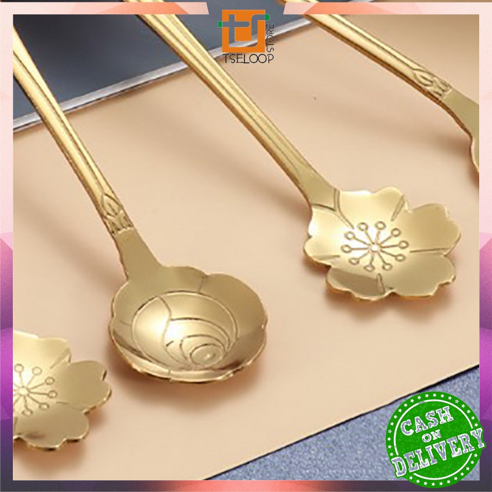 OFM-C766 Sendok Korea Teh Kopi Kecil Stainless Steel Motif Love Elegant Warna Gold / Sendok Bunga Emas Spoon Dessert Import