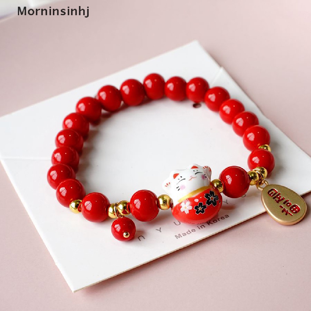 Mornin Red Beads Ceramic Bracelet Gelang Tangan Anyaman Tali Manik Plutus Kucing Stretch id