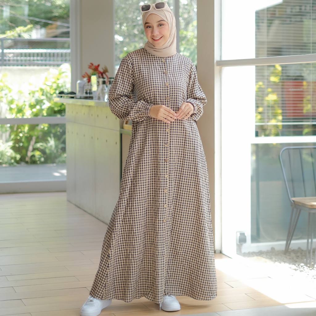 Termurah Gamis Katun / Gamis Katun Motif Kotak kotak / Gamis kancing / Dress katun motif kotak / Emm