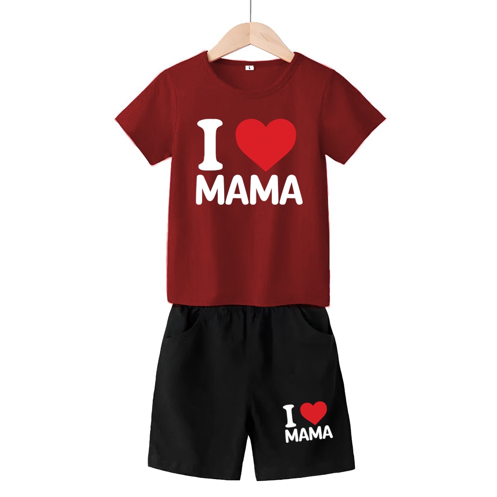 Baju Stelan 3/4 Anak Love Mom Cowok Cewek  Usia 1 - 4 Tahun Celana Pendek Harian