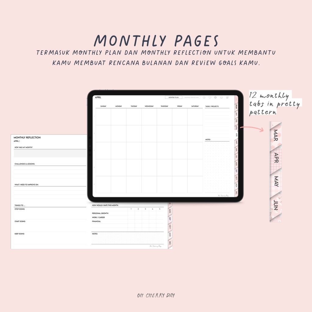 Undated Pink Digital Planner untuk iPad/Tablet Digital Bujo Bullet Journal Notebook Cute Minimalist Digital Stickers - Blooming Blossom