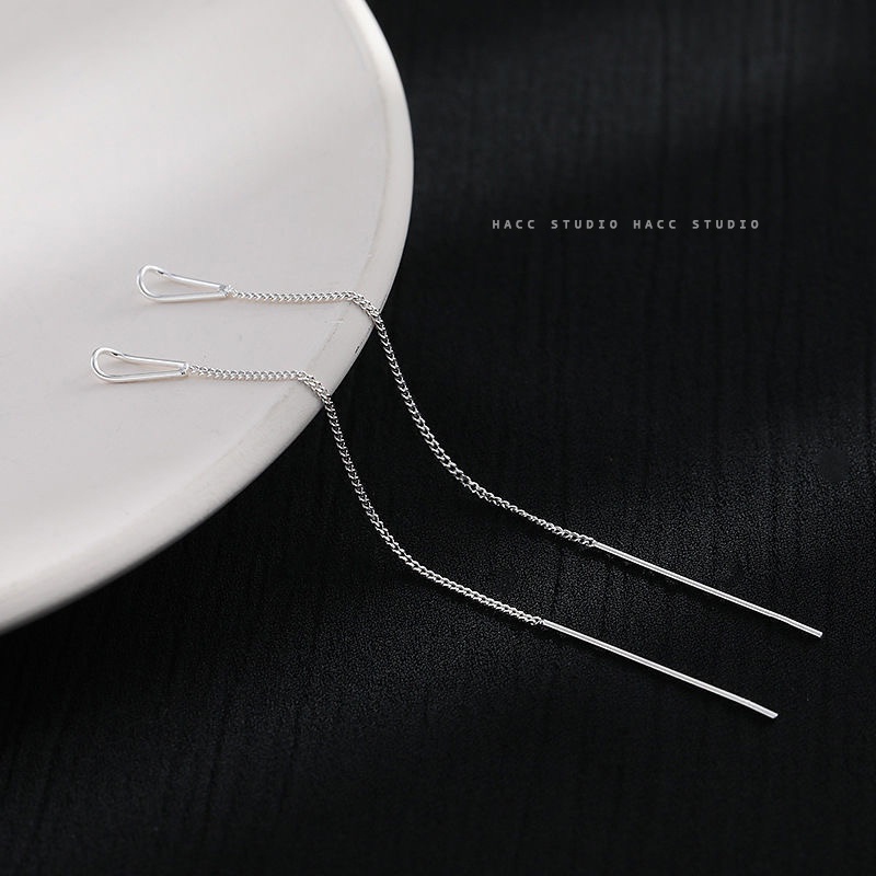 S925 Perak Tetesan Air Gantung Anting Perempuan Anting Panjang Korea Sederhana Temperamenal Dan Pribadi Rantai Telinga Fashion Anting Hadiah
