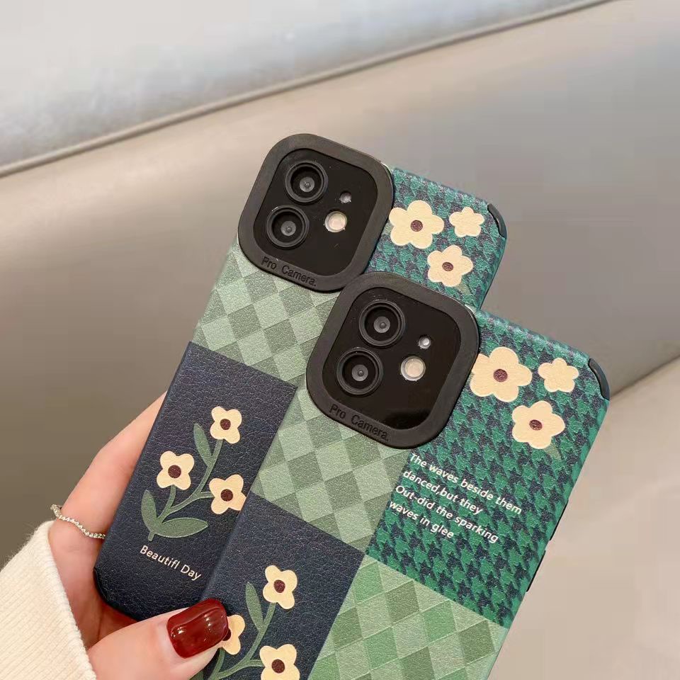 【Lamb Skin】Leather Soft Case IP IPhone 7 8 14 Plus 7+ 8+ X XR SE 2020 XS Max 11 12 13 14 Pro Max Phone Case Pretty Green lattice Lucky Flower