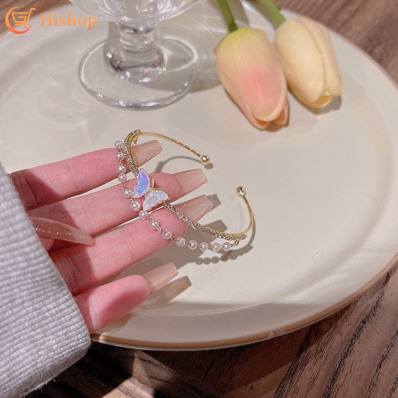 Gelang Kupu-Kupu Zirkon Mutiara Korea Double-layer Gold Open Bangle Untuk Aksesoris Perhiasan Wanita