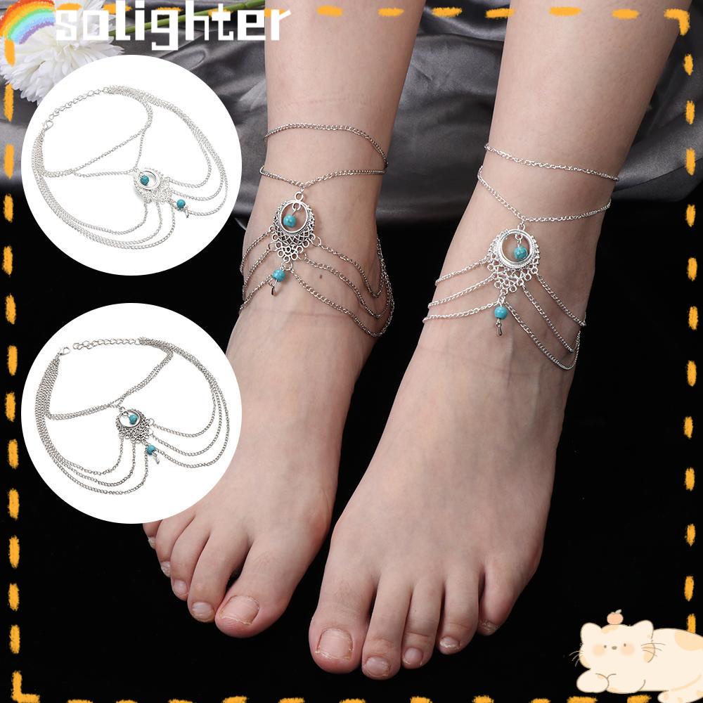 Solighter Gelang Kaki Baru Bohemia Fashion Rantai Tipis Aksesoris Etnik Rantai Tebal Drop Chain Hollow Perhiasan Pirus Liontin Perak Kaki