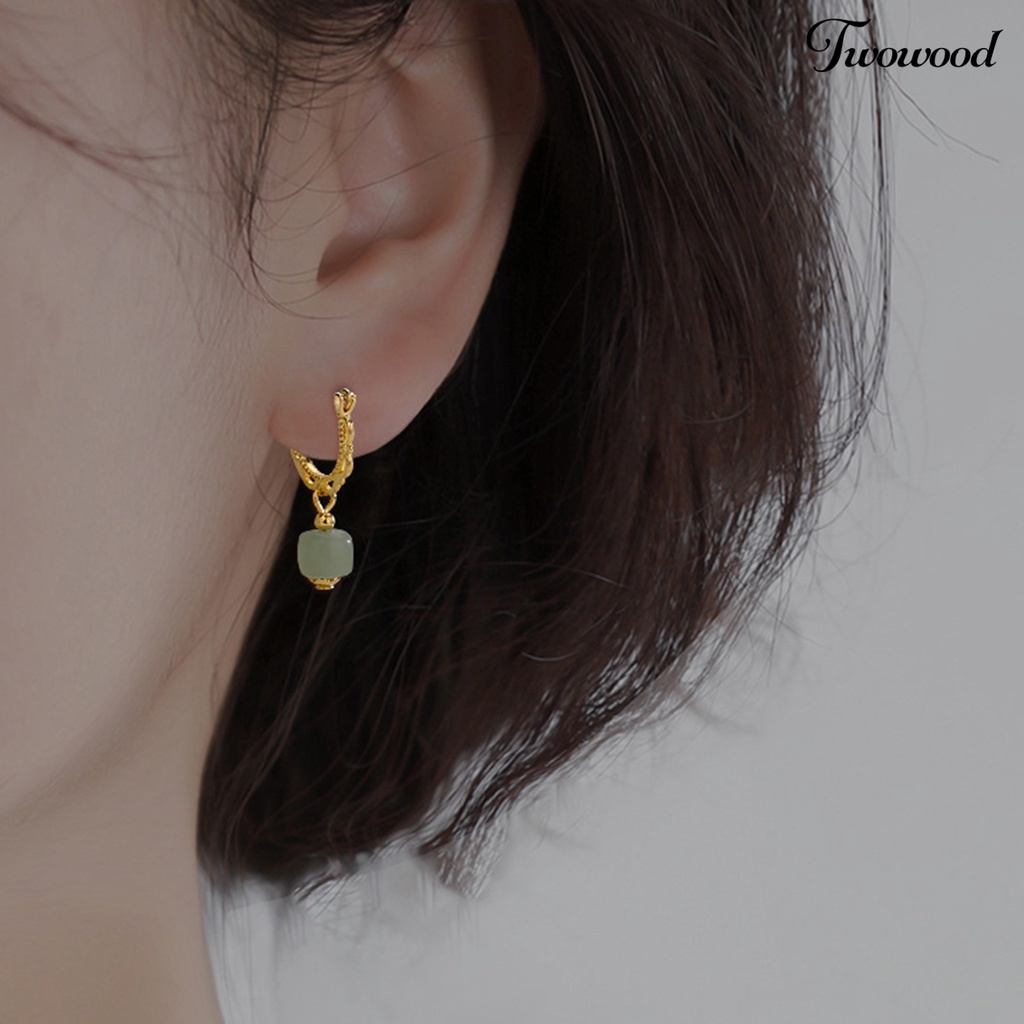 Twowood 1Pc Menjuntai Anting Gaya Cina Warna Emas Elegan Peri Hadiah Hypoallergenic Retro Faux Hetian Jade Drop Earring Perhiasan Aksesoris