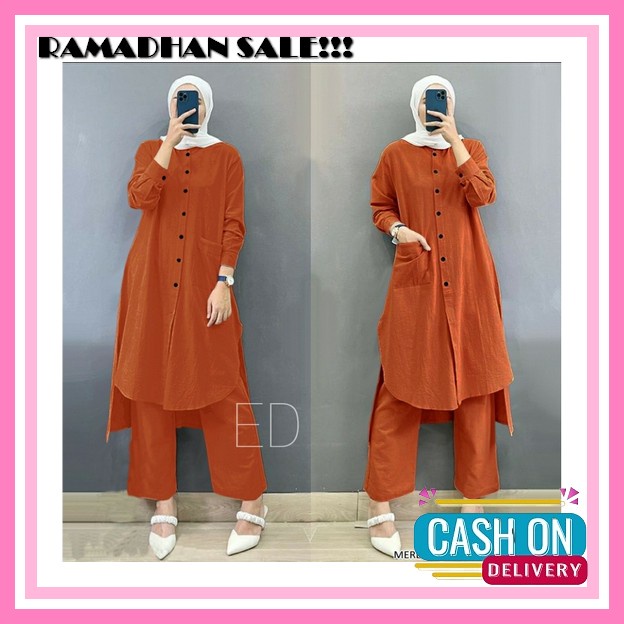 Ramdan Collection A047 | Milly One Set Rayon Crinkle Setelan Wanita Kekinian Tunik + Celana Import F