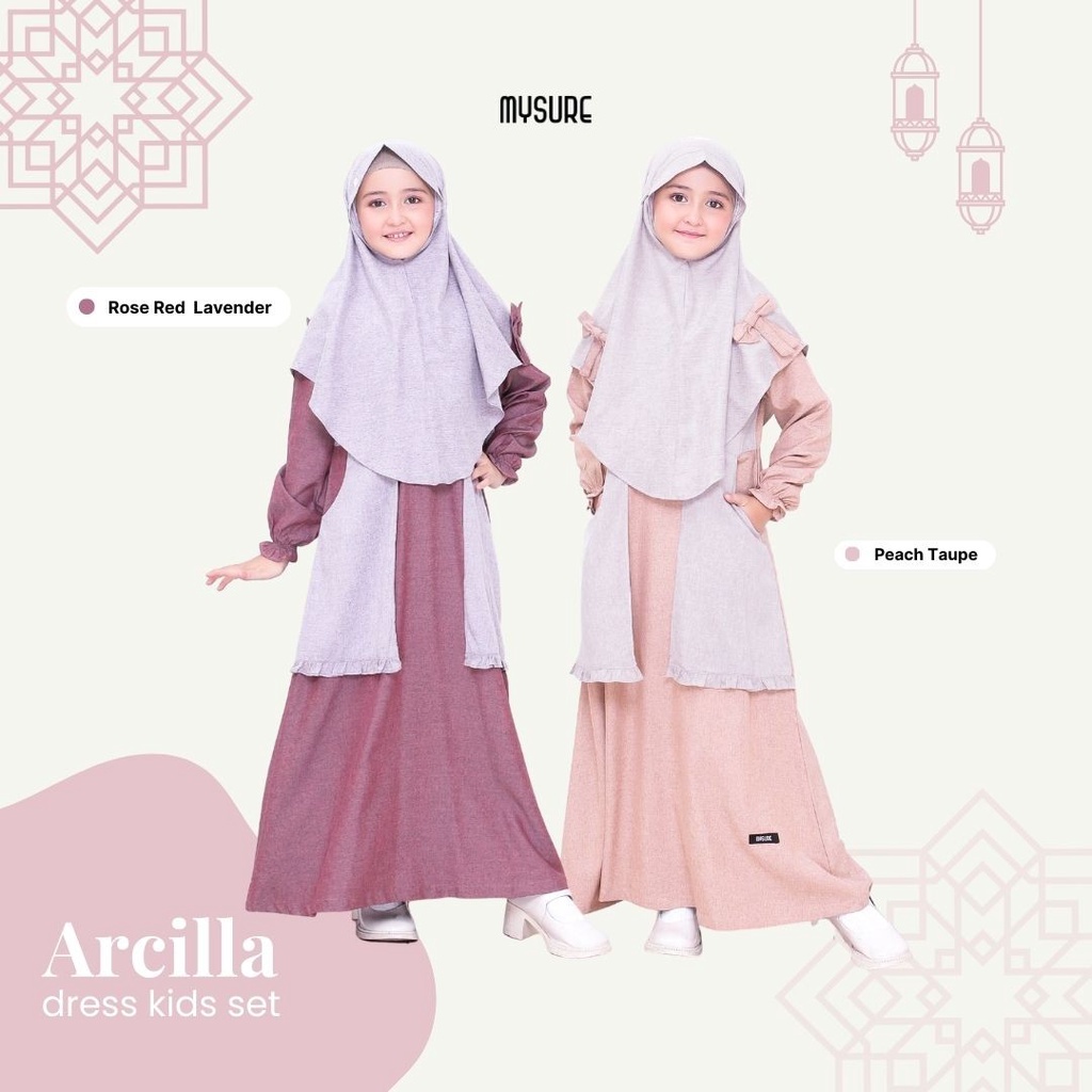 Mysure-Arcilla Dress Kids Set Peach Rose Gamis Anak Alerva Set Hijab Polos Simpel Look Rompi Nyaman Daily