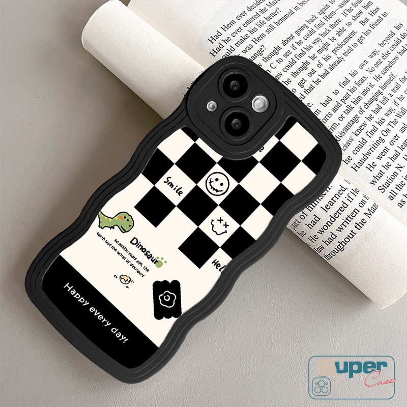 Untuk Oppo A17 A5s A3s A15 A16 A96 A57 A54 A17K A95 A7 A78 A74 A12 A16s A55 A76 A1k A77 A5 A9 A16K A77s A53 A52 Reno 8T 7Z 8 5F 6 Wavy Edge Kartun Smile Dinosaurus Chessboard Case