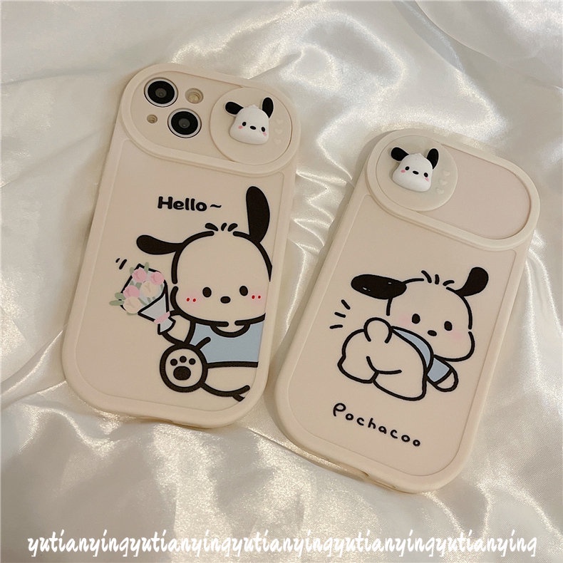 IPHONE Pasangan Lucu Pochacco Case Kompatibel Untuk Iphone11 13 12 Pro MAX Xr7 8 Plus X XS MAX Lembut TPU Kartun 3D Boneka Push Pull Jendela Penutup Perlindungan Lensa Kamera