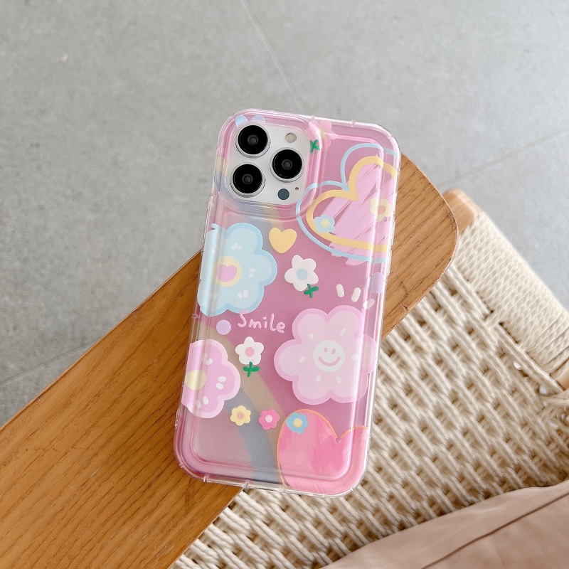 IPHONE Case Kompatibel Untuk Iphone14 13 12 11 Pro Max 7plus XR 6 6S 7 8 Plus X XS Max 11 Pro Max Ins Korea Lucu Smile Fresh Sunflower Colorful Love Heart Shockproof Airbag Lembut TPU Cover