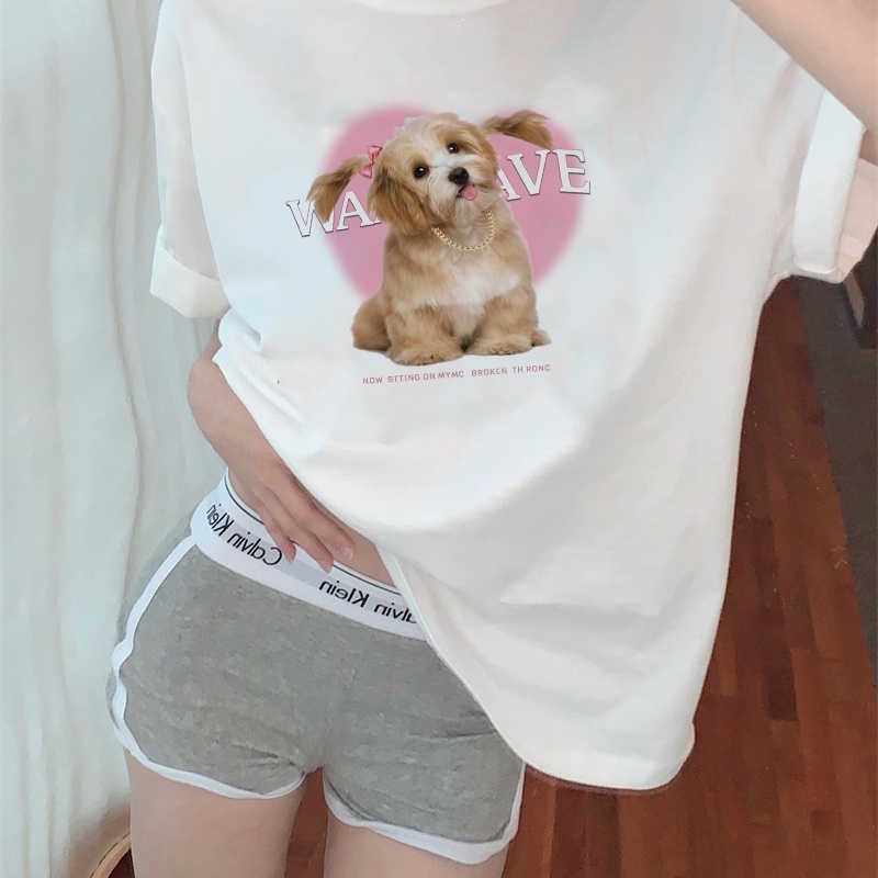 Print T-shirt Kaos Lengan Pendek Cute Pink Dog Atasan Wanita Oversize Korean Style