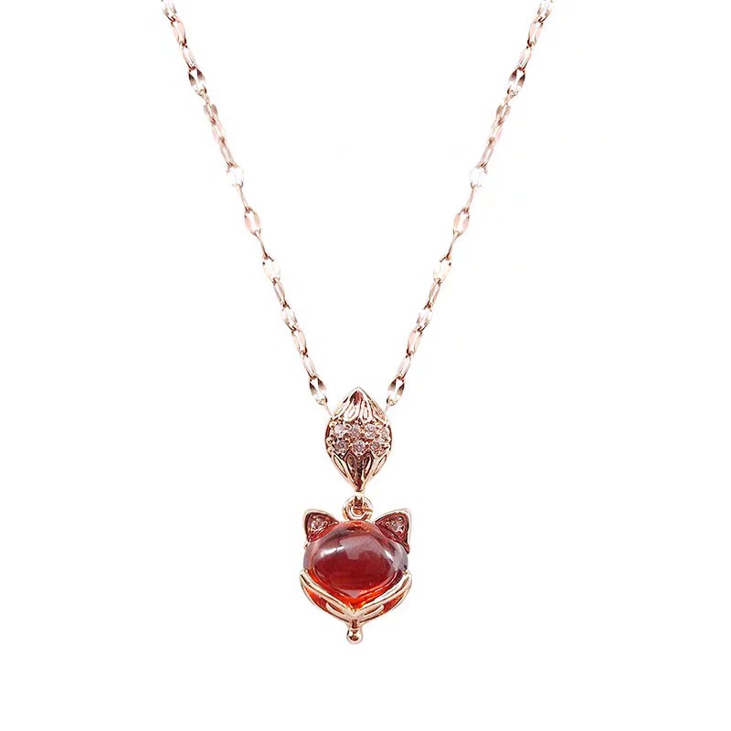 Kalung Desain Rubah | Perhiasan Korundum Warna Merah | Aksesoris Warna Rose Gold 18k Untuk Wanita