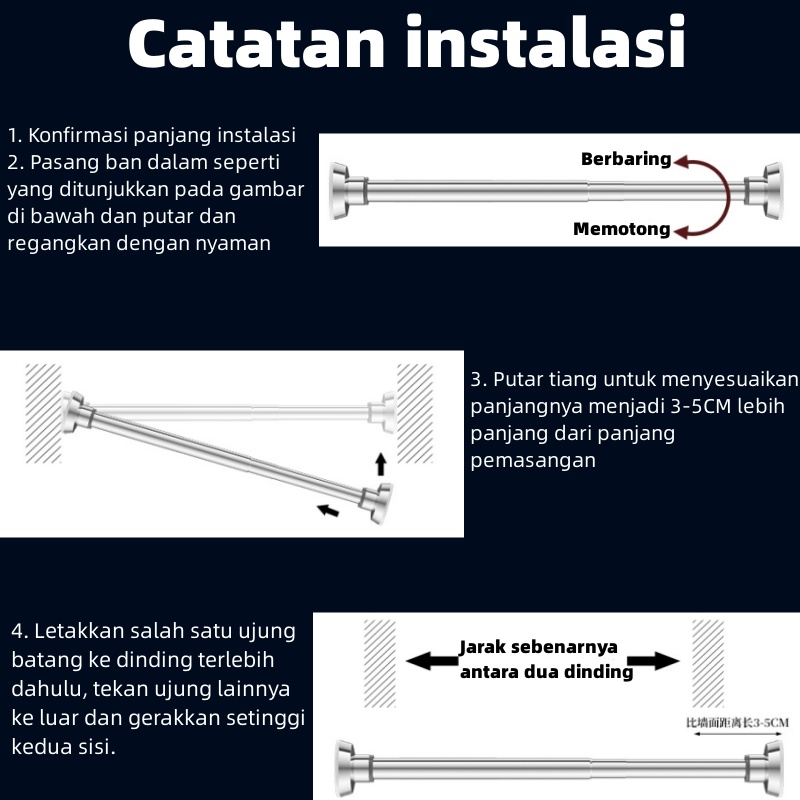 Tiang Gorden Fleksibel tiang jemuran/tiang horden/tiang dapur/batang kamar mandi/batang lemari pakaian/ tiang serbaguna COD90-130cm bantalan beban 90KG/150KG