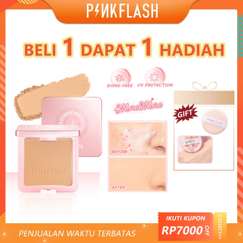 PINKFLASH More&amp;More Matte Bedak Padat Poreless Oil Control Pressed Powder Mattifying Flawless Two Way Powder UV Protection High Coverage Lightweight Face Makeup