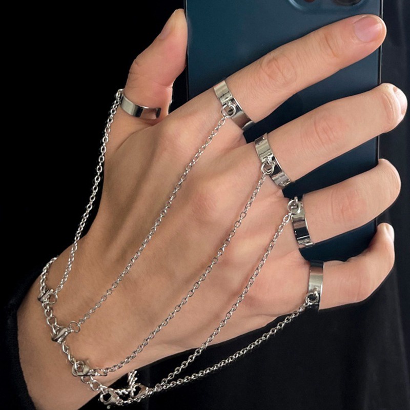 [AYBx] Baju Kaos Distro Pria Wanita Lengan Pendek Gelang Tangan Rantai Geometris Warna Silver Untuk Pria Cincin Charm Set Couple Fashion Jewelry