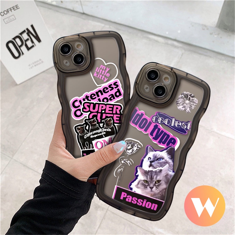 Case OPPO A95 A16 A15 A17 A96 A9 A76 A7 A57 A74 A12 A54 A55 A5s A17K A77s A1k A5 A52 A77 A16K A16s A3s Reno8 7 7Z 6 8Z A53 Kucing Keren Trendy Brand Sticker Label Wavy Edge Sarung Soft Cover