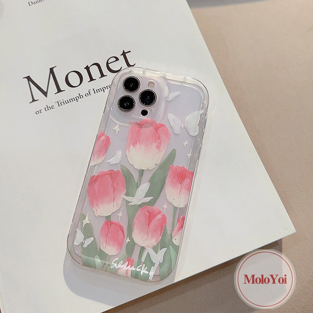 IPHONE Airbag Case Kompatibel Untuk Iphone14 11 6 6S 7 8 Plus 13 12 Pro MAX XR X XS MAX Fashion Segar Musim Semi Bunga Tulip Kupu-Kupu Shockproof Lembut TPU Phone Case