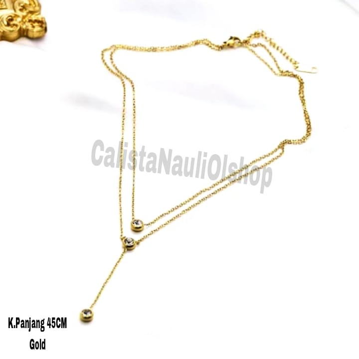 Kalung Titanium Dua Layer Permata Zircon Korea Anti Karat Dan Anti Luntur