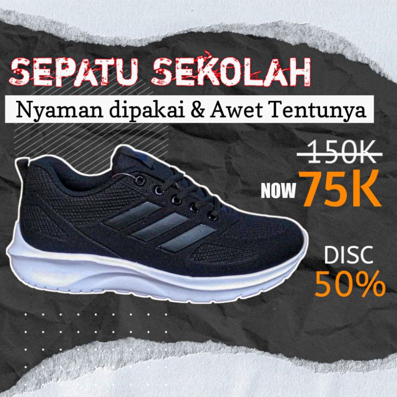 Sepatu Sekolah Hitam Putih Hitam Polos Pria Wanita / Sepatu Sneakers Sekolah