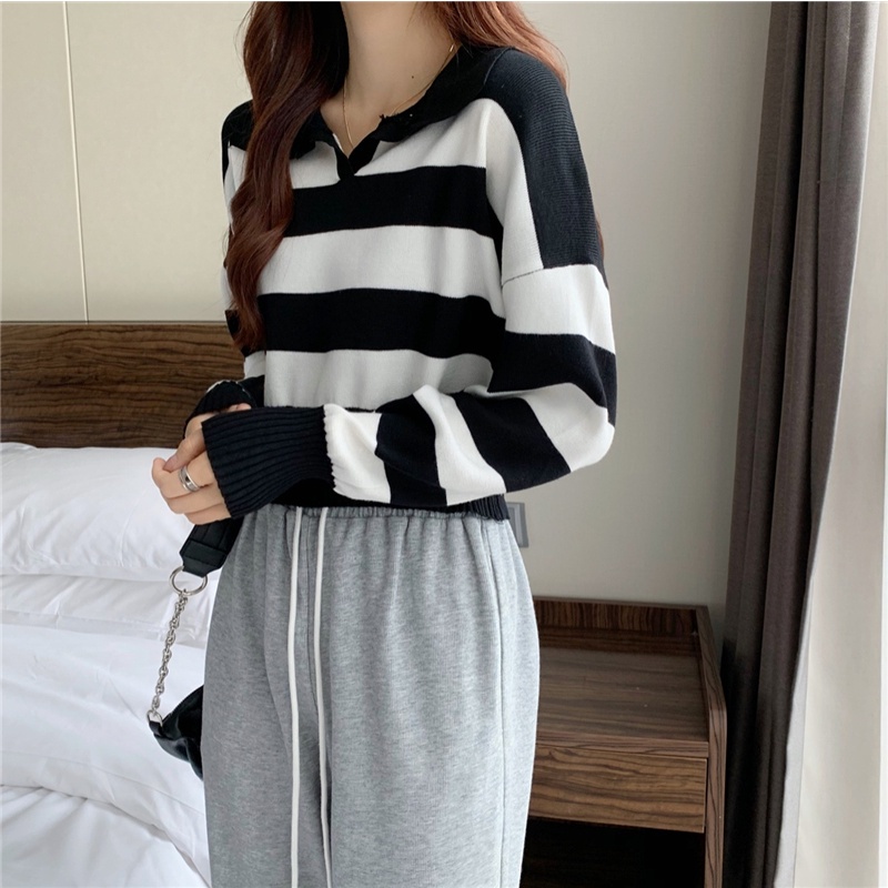 Kemeja Stripe Rajut Wanita Lengan Panjang Sweater Wanita Oversize Style