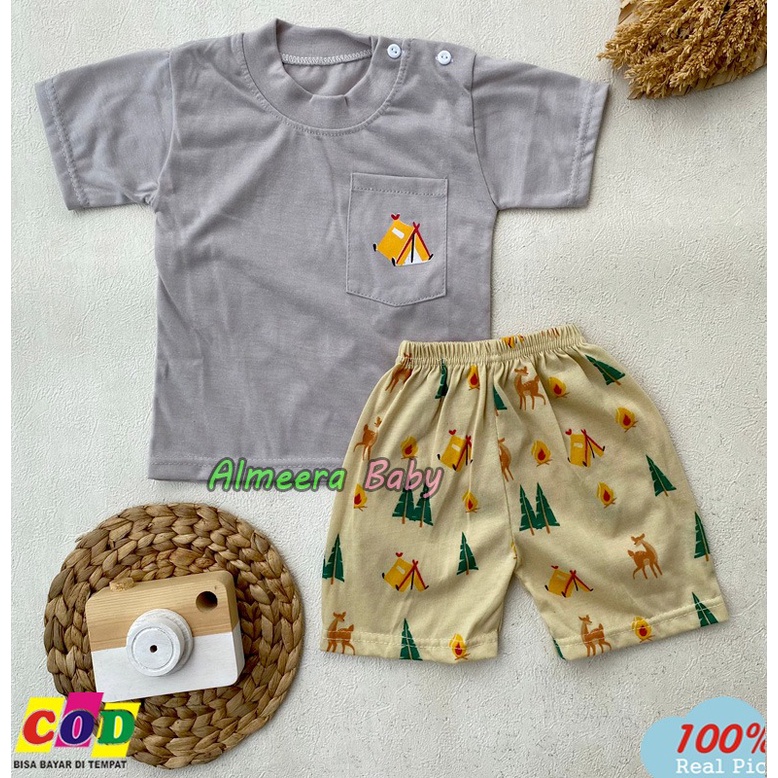 Setelan Baju Bayi Piyama Bayi Lengan Pendek Kancing Pundak Variasi Saku Kiri Usia 3-12 Bulan Almeera Baby and Kids