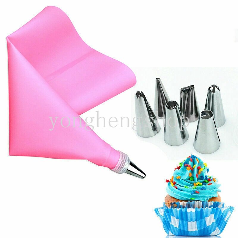 8pcs /set Silikon Cream Pastry Bag Stainless Steel Icing Piping Nozzle Pastry Tips Converter DIY Alat Dekorasi Kue Dapur Gadget