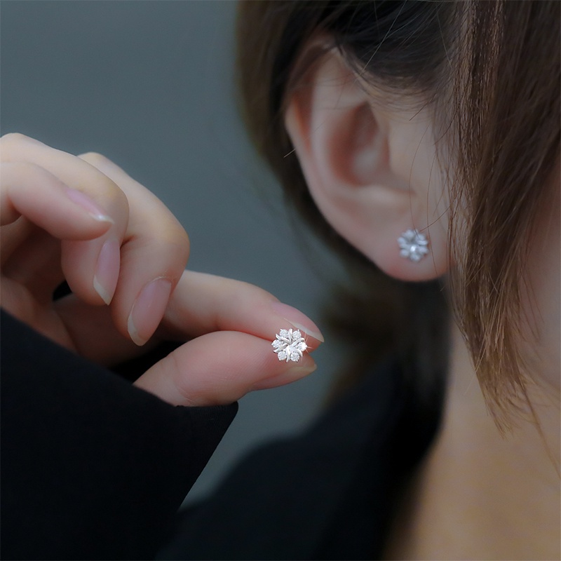 925jarum Perak Snowflake Ear Stud Kristal Bunga Anting Mini Temperamen Canggih Earring Hadiah
