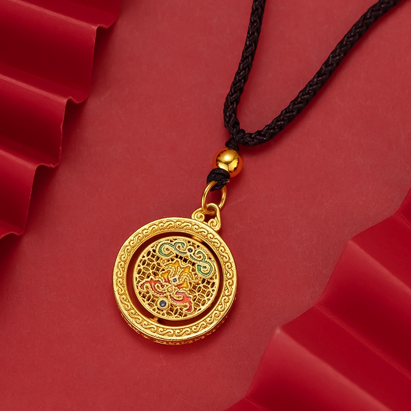 Goldkingdom Fashion Perhiasan Emas Asli Kadar 375Bangkok Aksesoris Ready Stock Retro Membakar Liontin Biru Sepuhan Berputar Fu Karakter Guanyin Xiangyun Kalung Untuk Pria Dan Wanita