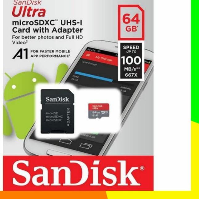 ♪ Memori Card Sandisk Free Adapter / Mmc MicroSD 64GB Class 10 Speed Up 100MB/s ♗