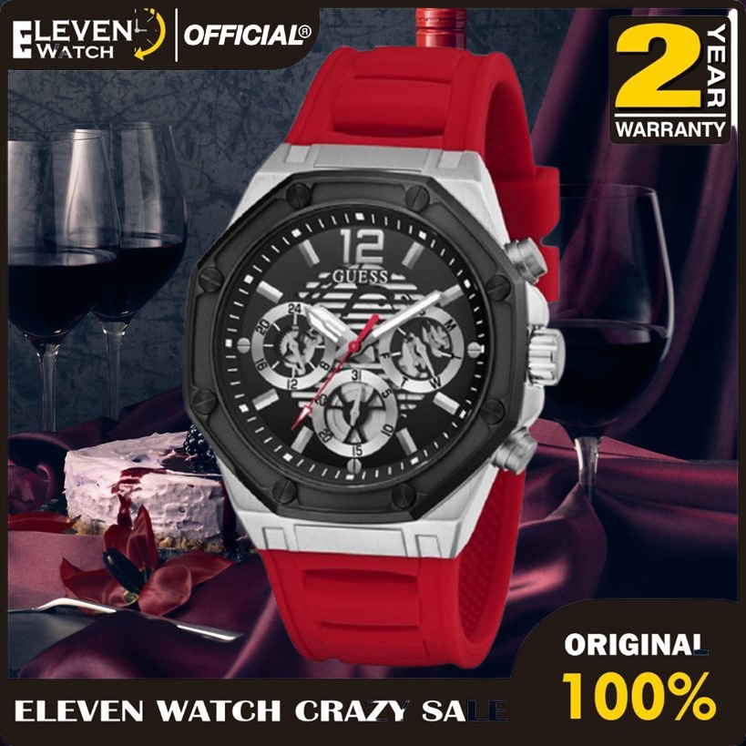 [Promo] Jam Tangan Pria Guess GW0263G3 Momentum Silver Tone Multi-Function Red Silicone Original Gar