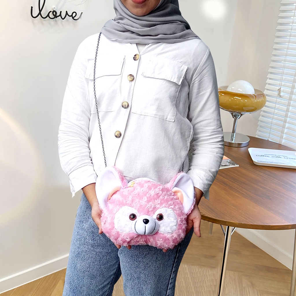 Tas Bulu Selempang Teddy Bear Tas Boneka Kepala Teddy Real Pict ASLI