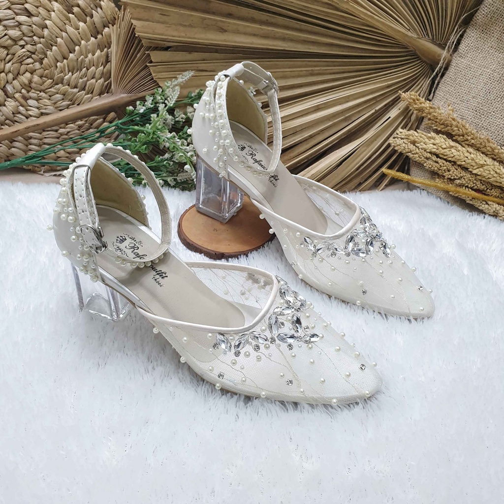 Sepatu wedding pesta cantik Manda broken white 7cm kaca