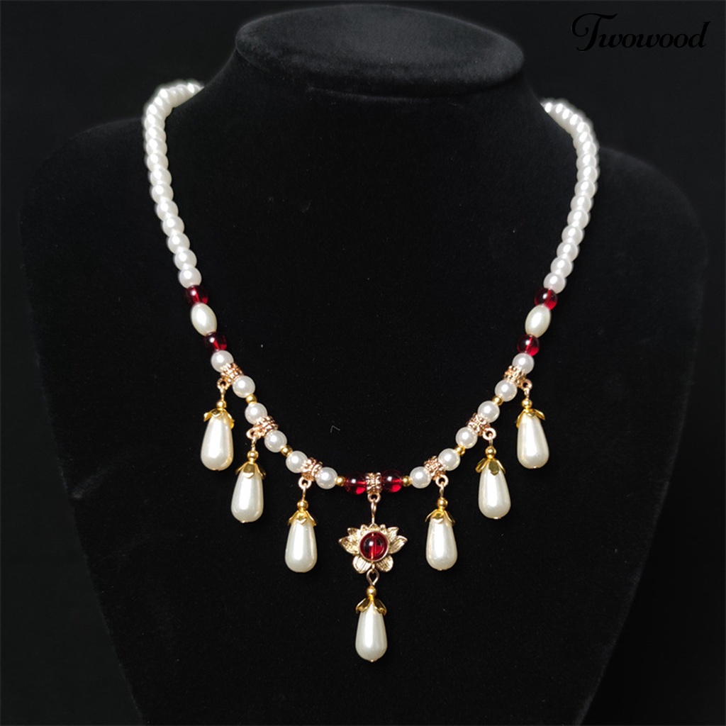 Twowood Hias Berlian Imitasi Teardrop Liontin Adjustable Vintage Kalung Wanita Mutiara Imitasi Cheongsam Necklace Perhiasan Aksesoris