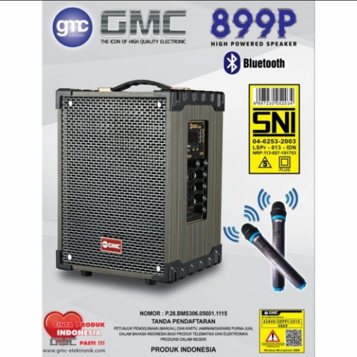 SPEAKER GMC BLUETOOTH 899P KAROKE FREE 2 MIC WIRELESS HIGH POWER BASS ORIGINAL