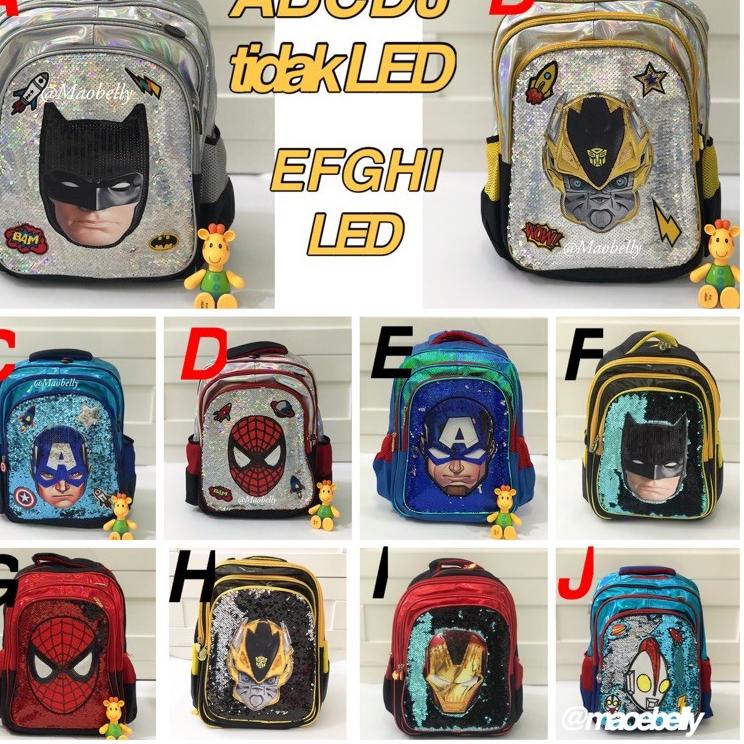 ❊ Tas Sekolah Anak Cowok / Tas Anak TK SD / Tas Sekolah Sequin Superhero LED  / Tas Spiderman Batman