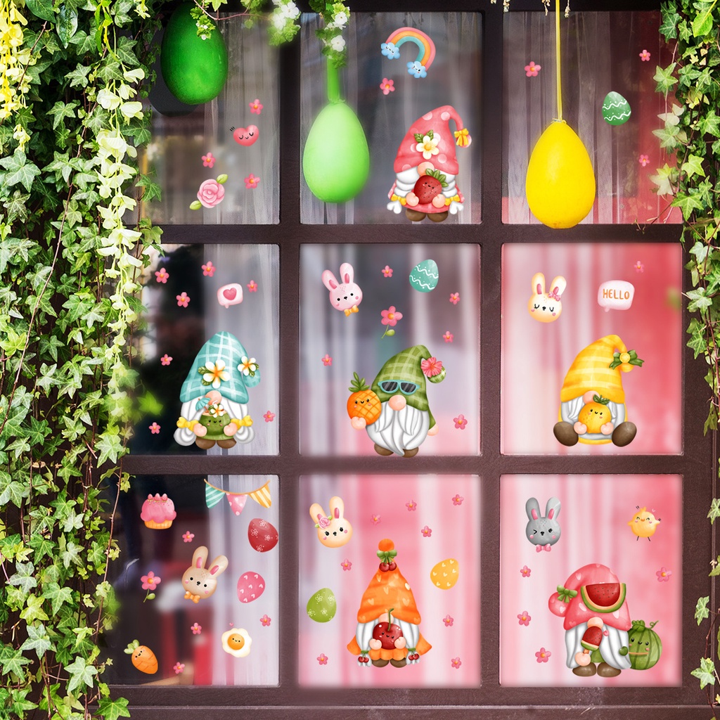 Easter Bunny Dwarf Window Glass Decals Dekorasi Jendela Kamar Anak Kartun Stiker Dinding