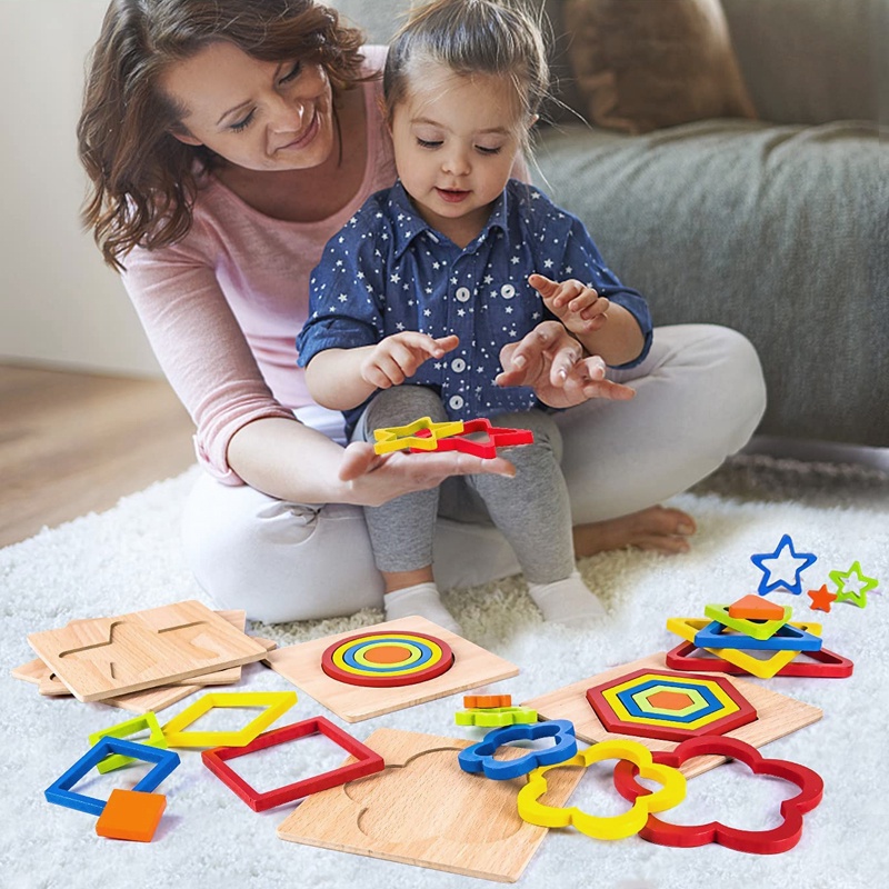 Mainan Sortir Bentuk Geometri Montessori Balita Puzzle Kayu Anak Belajar Paud Mainan Edukasi Dini