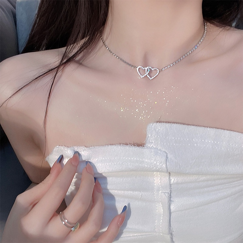 Korea Dua Hati Kalung Choker Rantai Klavikula Kristal Silver Untuk Aksesoris Perhiasan Wanita