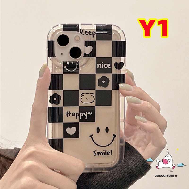 IPHONE Pasangan Casing Ponsel Kompatibel Untuk Iphone11 14 13 12 Pro MAX 6 6S 7 8 Plus XR X XS MAX Shockproof Airbag Lembut TPU Cover Ins Kotak-Kotak Beruang Smile Love Heart Flower Couple Case