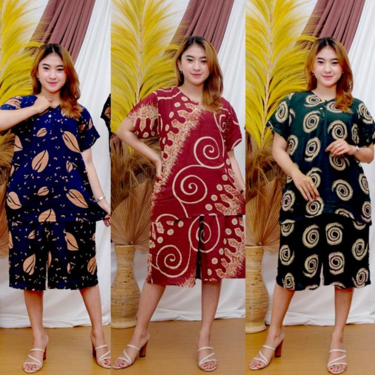 Recomended SETELAN KULOT JUMBO PENDEK WANITA BUSUI KANCING DEPAN Lengan Pendek Batik - Motif Polka -