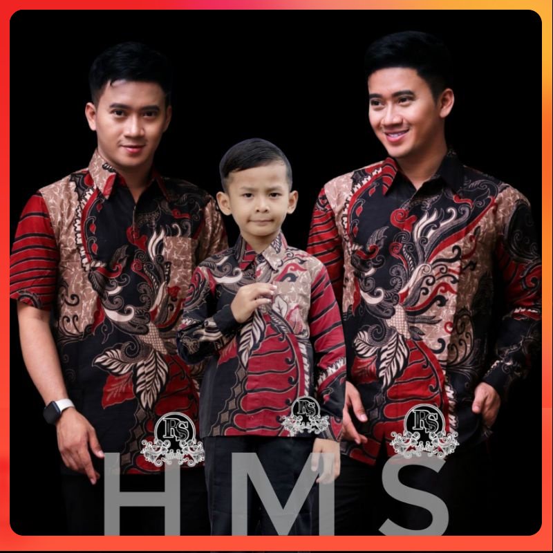 CUCI GUDANG Batik Couple Kemeja Pria Lengan Panjang Premium Anak Laki Laki Modern Hem Pendek Katun Warna Merah butikdian