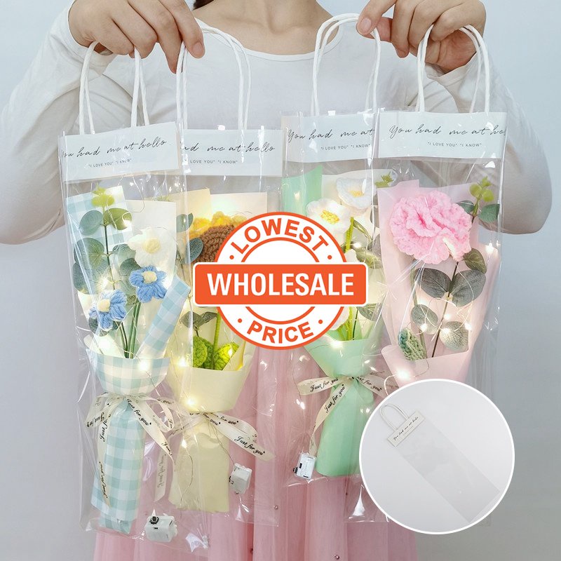 [Grosir] Portable Transparan PVC Buket Bunga Kemasan Wrapping Bag DIY Pernikahan Ulang Tahun Valentine Hadiah Perlengkapan Dekorasi Florist Tote Panjang Clear Bag LED Flash Light